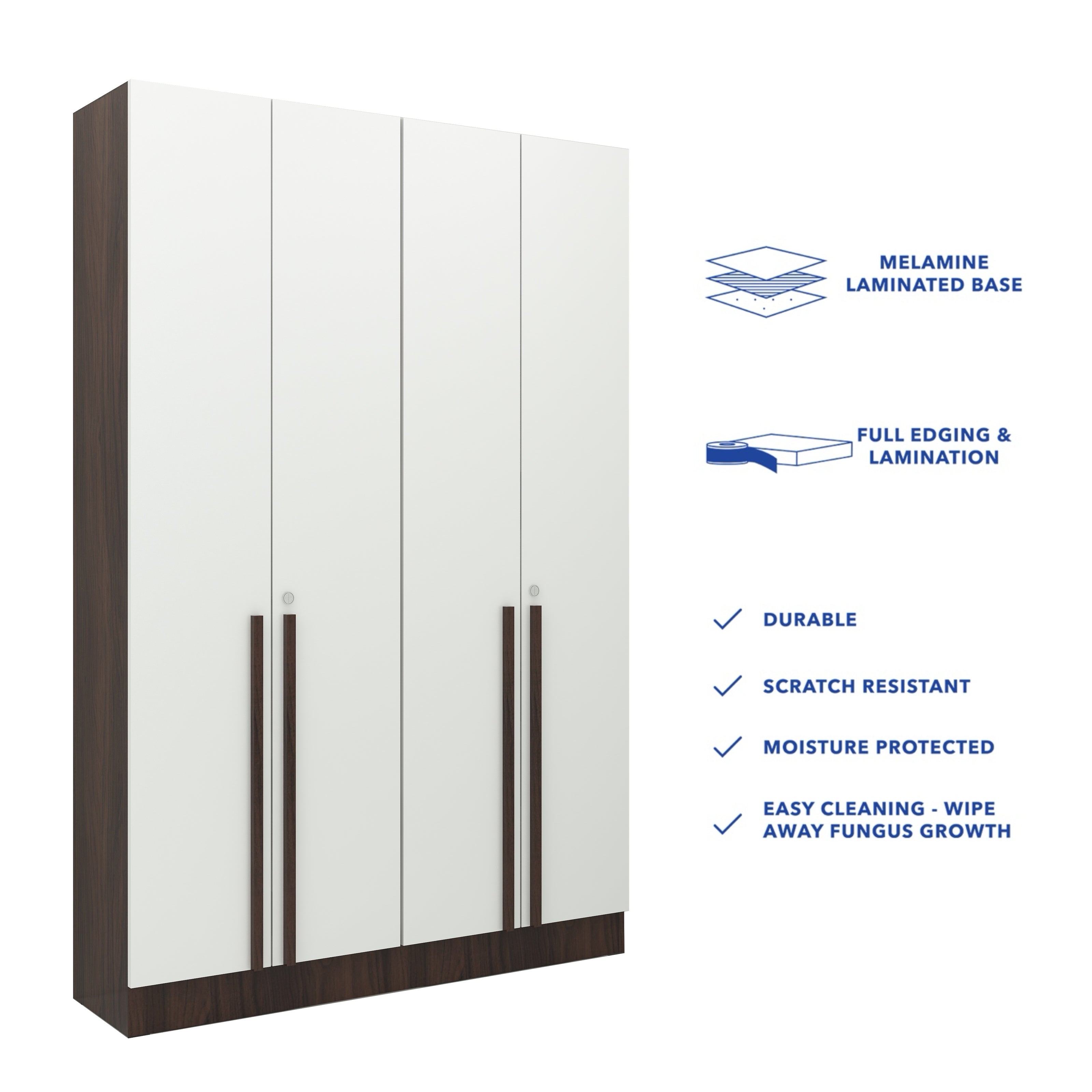 Kenzou 4-Door Engineered Wood Wardrobe – Large Almirah with Hanging Rod & Shelves