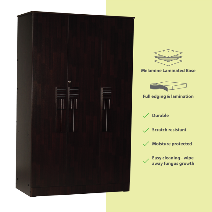Laso 3-Door Engineered Wood Wardrobe – Modern Almirah with Shelves & Hanging Space