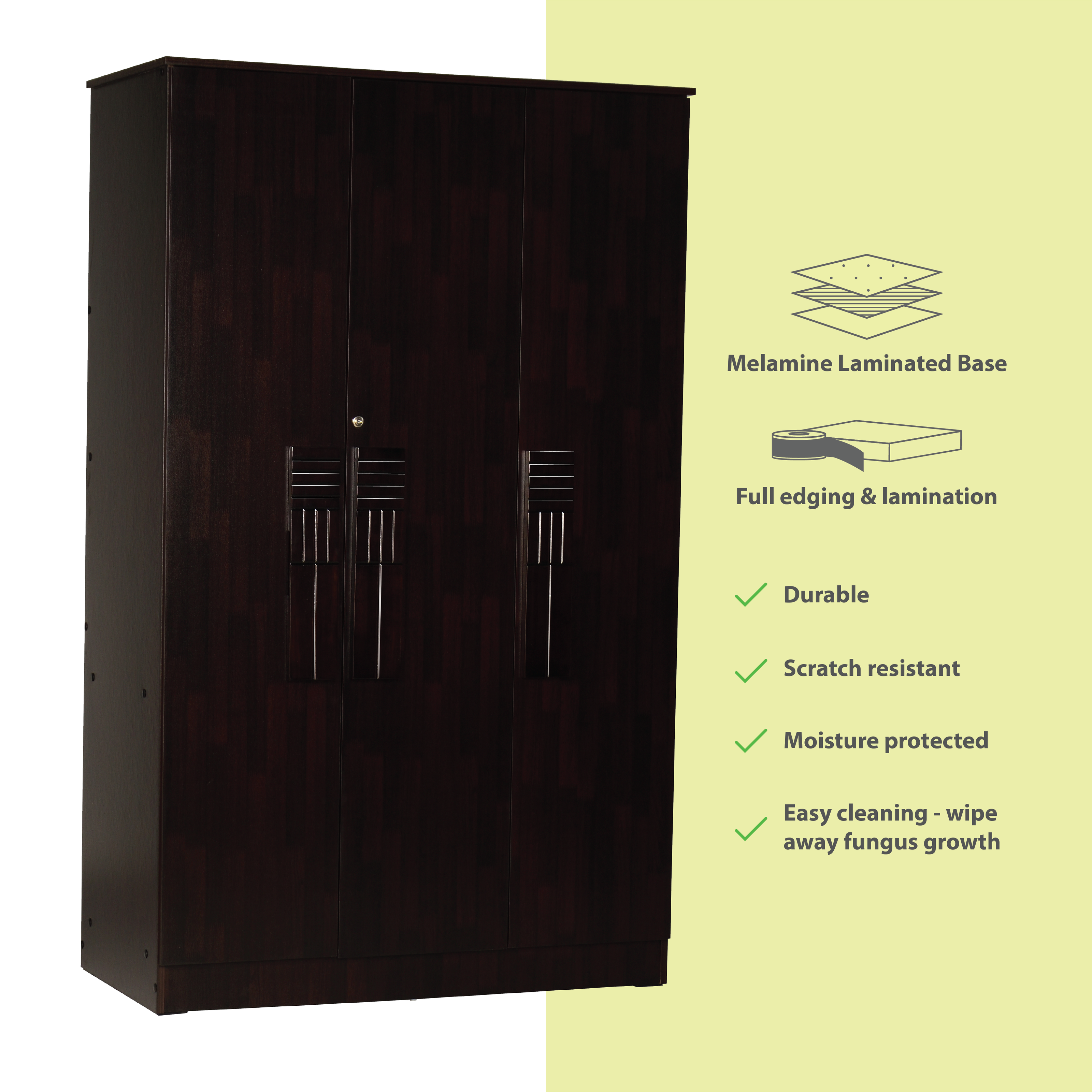 Laso 3-Door Engineered Wood Wardrobe – Modern Almirah with Shelves & Hanging Space