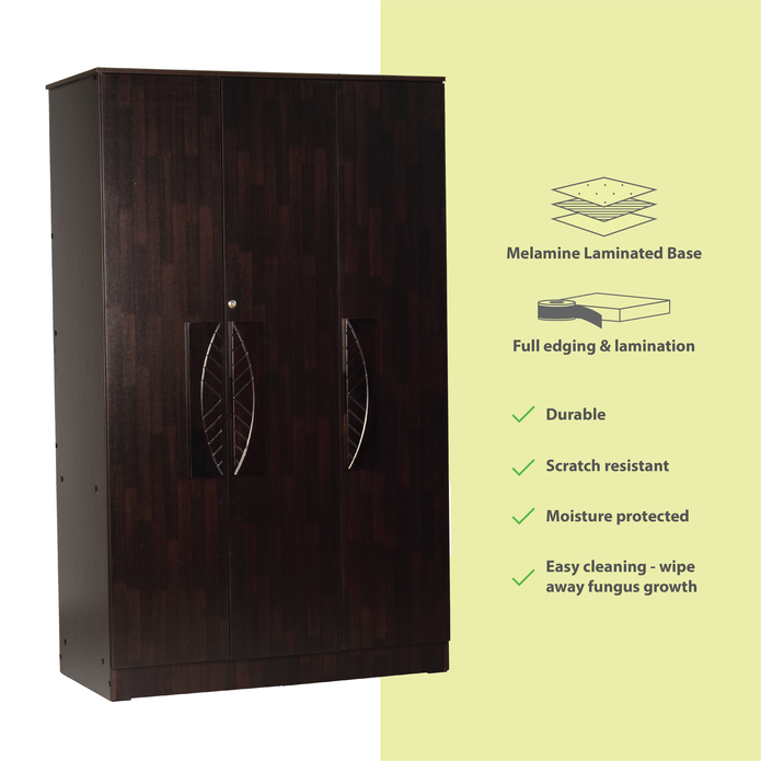 Litae 3-Door Engineered Wood Wardrobe – Modern Almirah with Shelves & Hanger