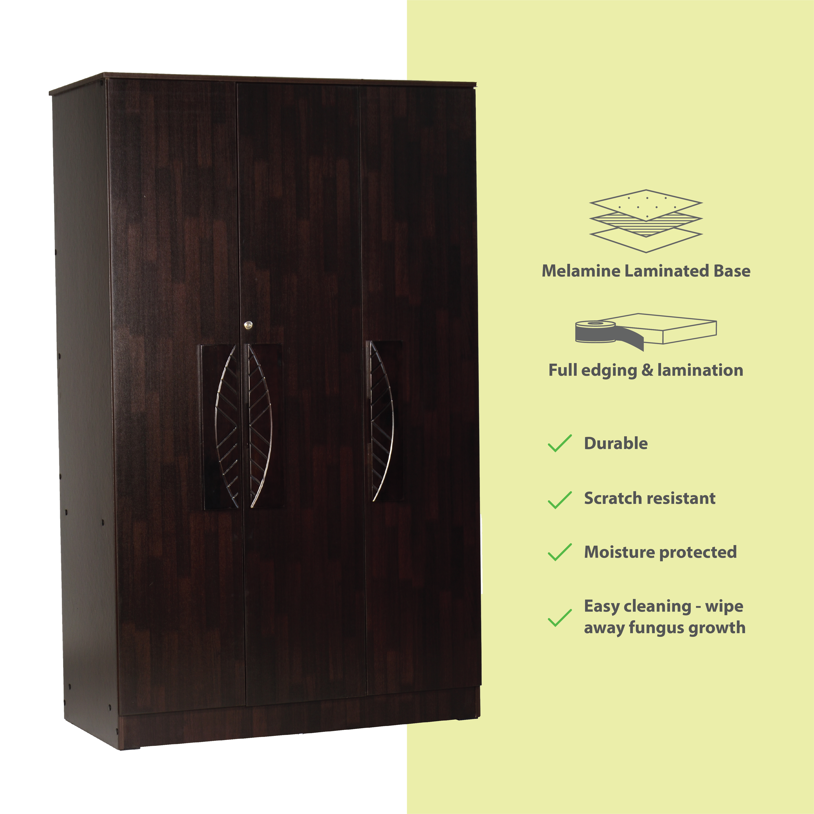 Litae 3-Door Engineered Wood Wardrobe – Modern Almirah with Shelves & Hanger