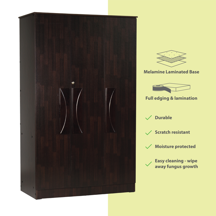 Pandia 3-Door Engineered Wood Wardrobe – Spacious Almirah with Shelves & Hanger Space