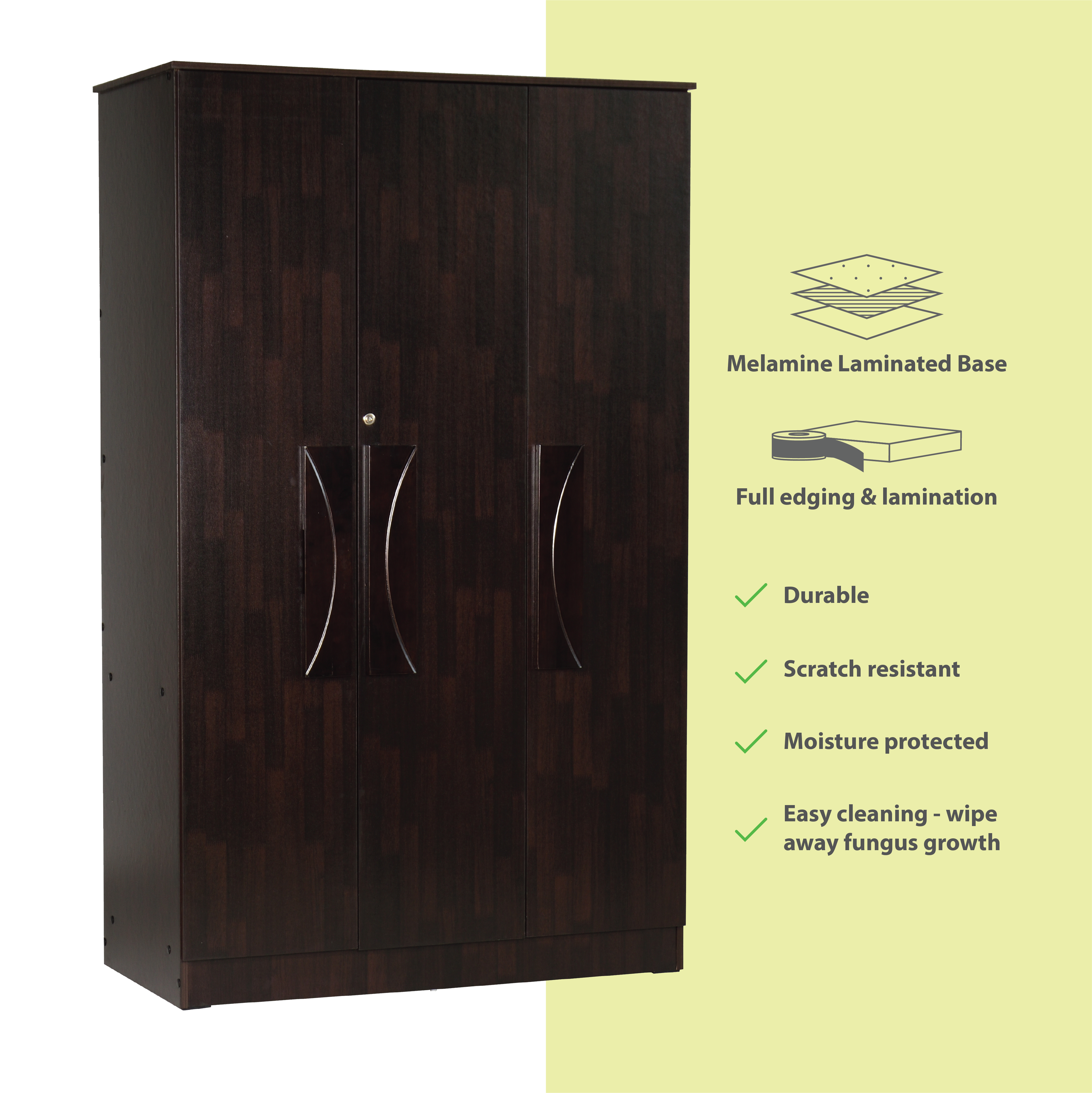 Pandia 3-Door Engineered Wood Wardrobe – Spacious Almirah with Shelves & Hanger Space