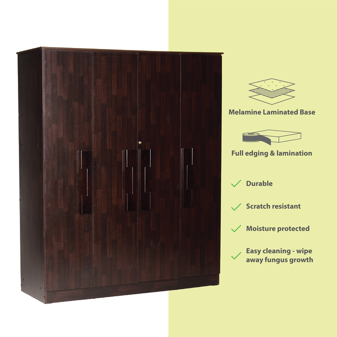 Poena 4-Door Engineered Wood Wardrobe – Spacious Almirah with Hanging Rod & Shelves