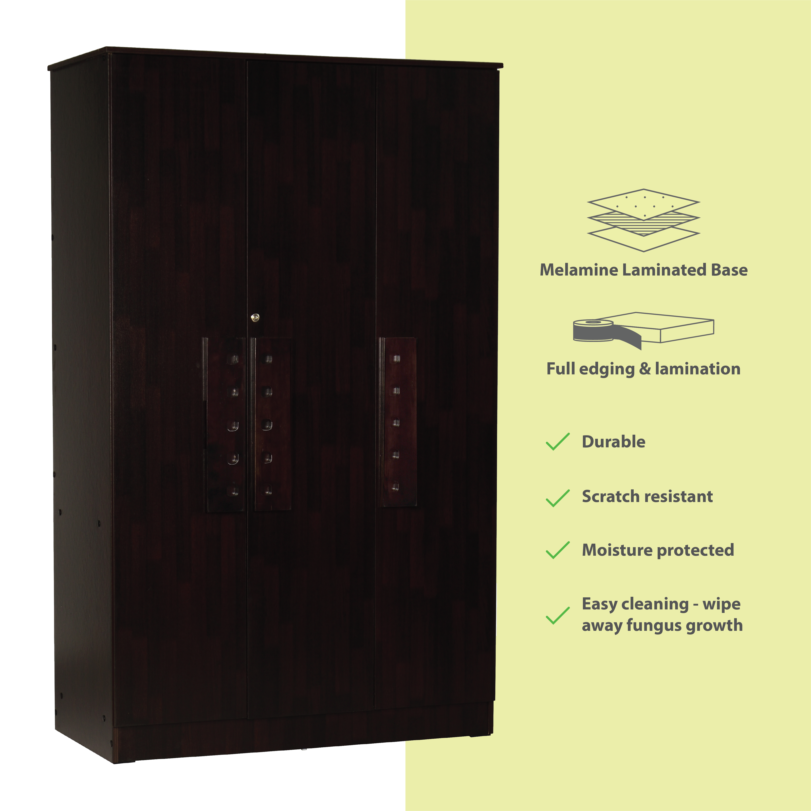 Prophasis 3-Door Engineered Wood Wardrobe – Modern Bedroom Almirah with Shelves & Hanging Space