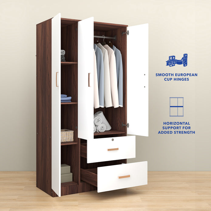 خزانة ملابس رين بثلاثة أبواب مصنوعة من الخشب الهندسي - غرفة نوم واسعة مع أرفف