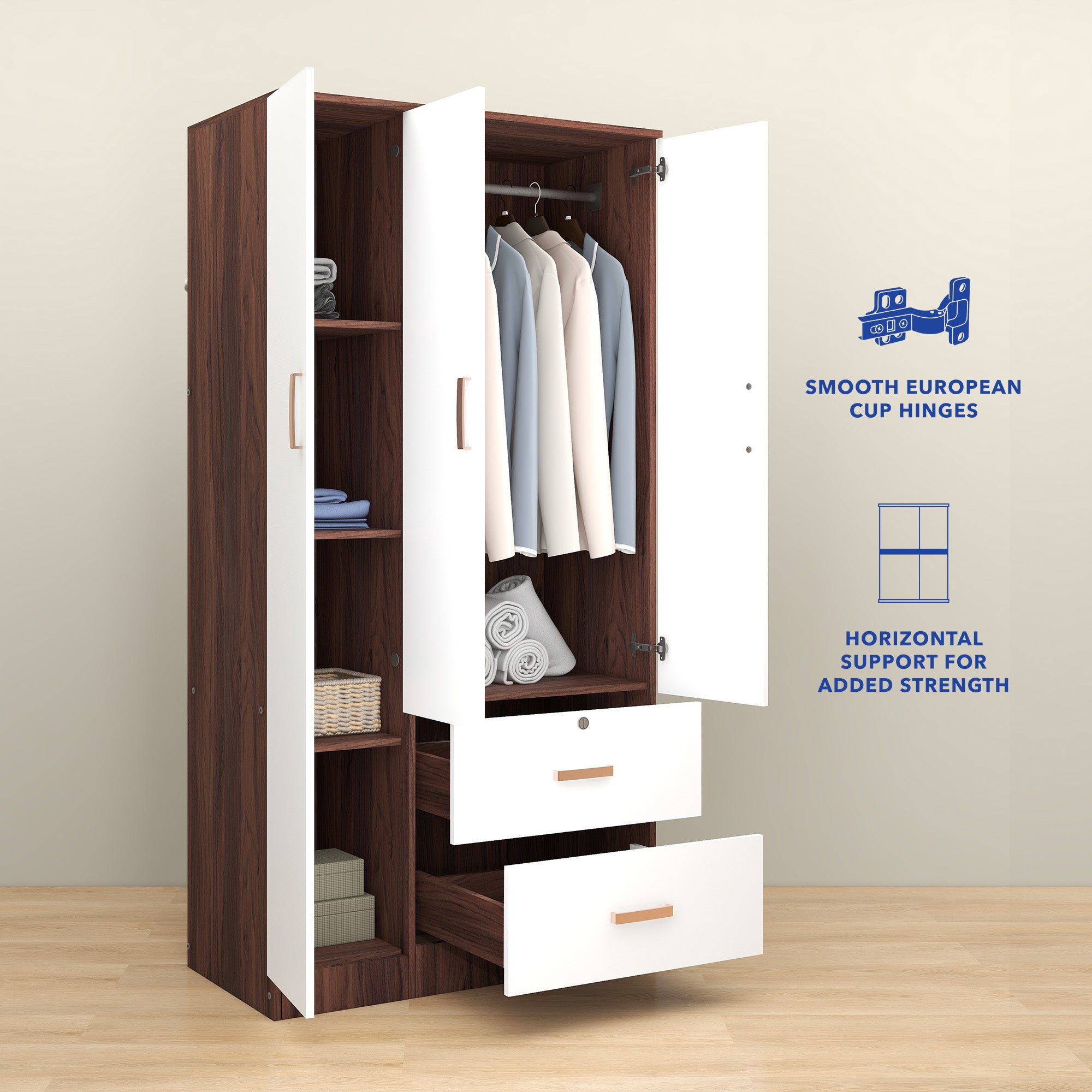 خزانة ملابس رين بثلاثة أبواب مصنوعة من الخشب الهندسي - غرفة نوم واسعة مع أرفف