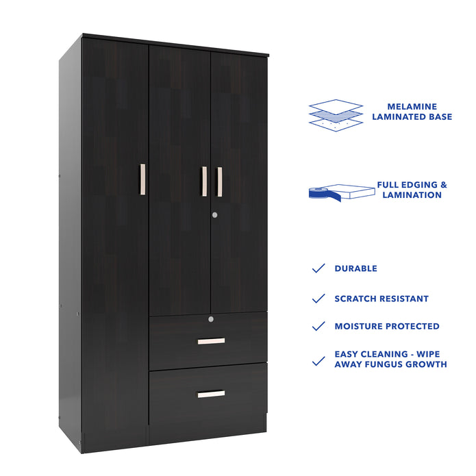 خزانة ملابس رين بثلاثة أبواب مصنوعة من الخشب الهندسي - غرفة نوم واسعة مع أرفف