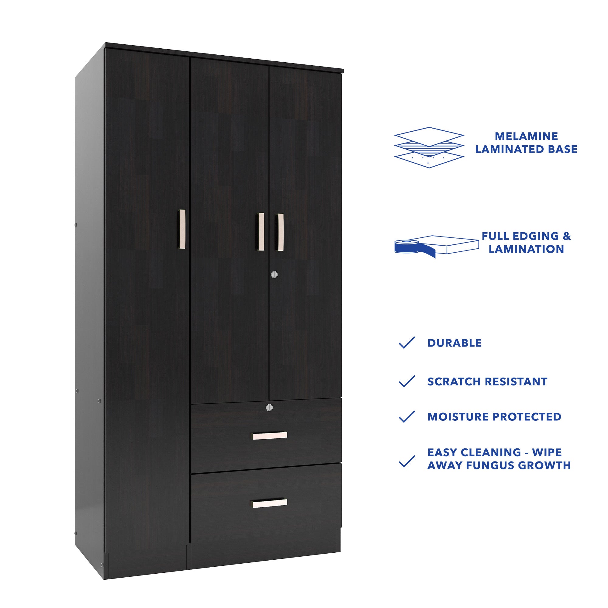 خزانة ملابس رين بثلاثة أبواب مصنوعة من الخشب الهندسي - غرفة نوم واسعة مع أرفف