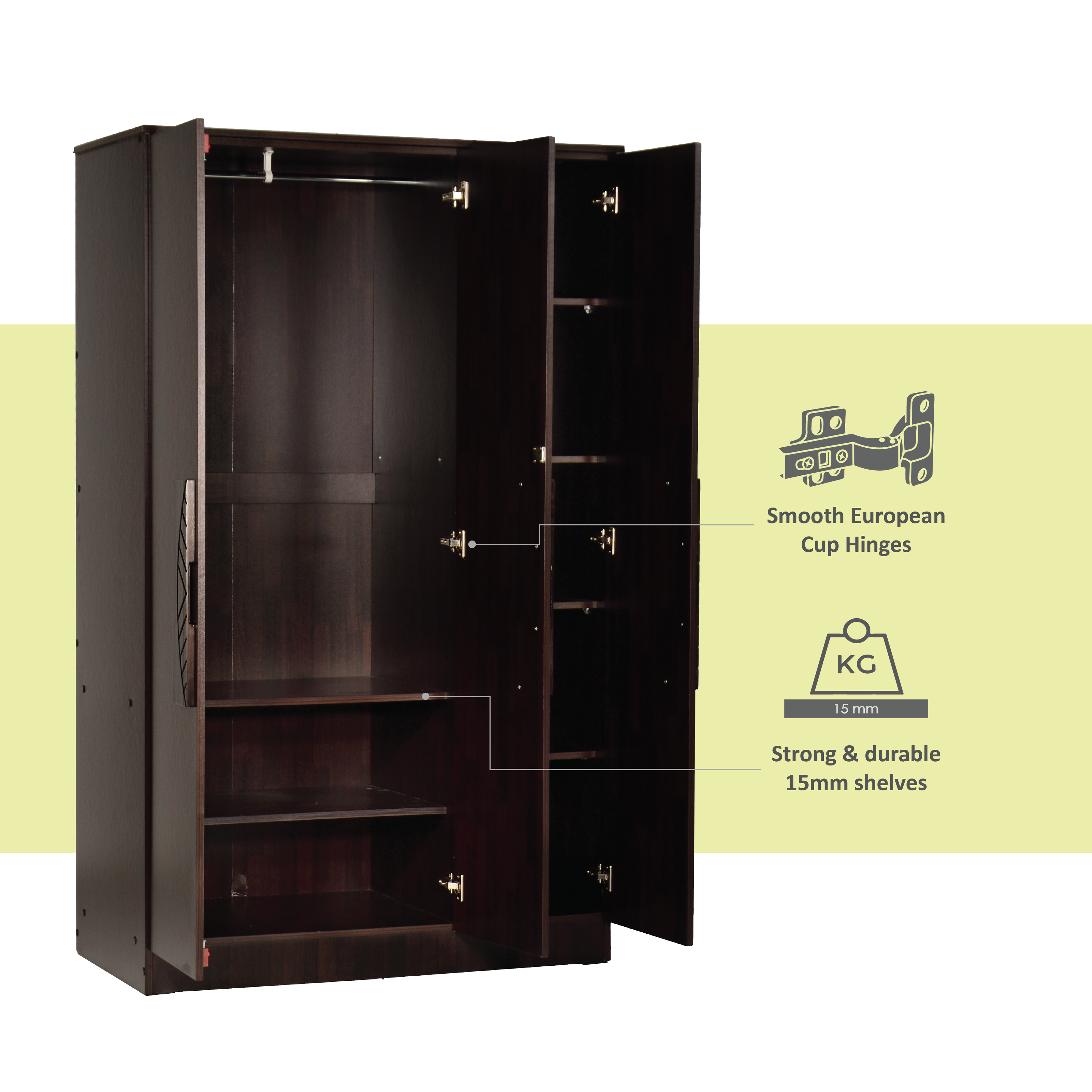 Laso 3-Door Engineered Wood Wardrobe – Modern Almirah with Shelves & Hanging Space