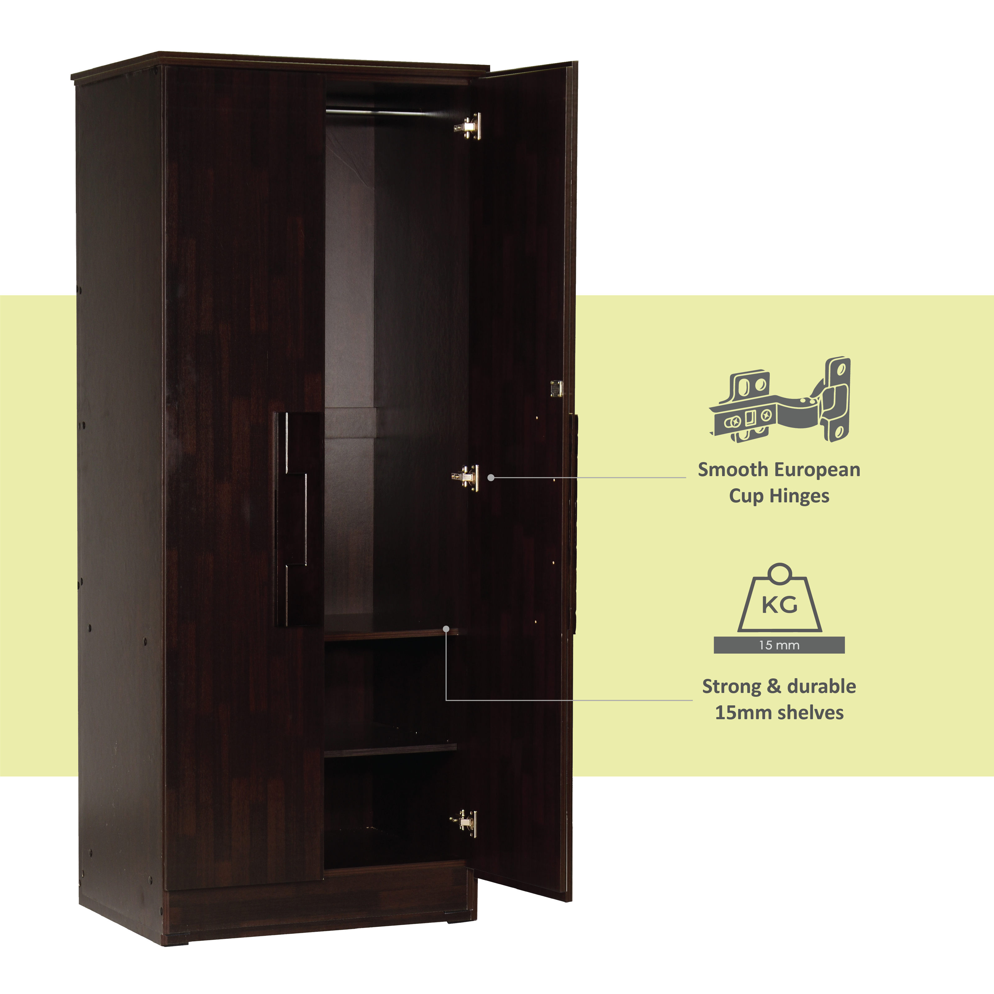 Poena 2-Door Engineered Wood Wardrobe – Compact Almirah for Bedroom
