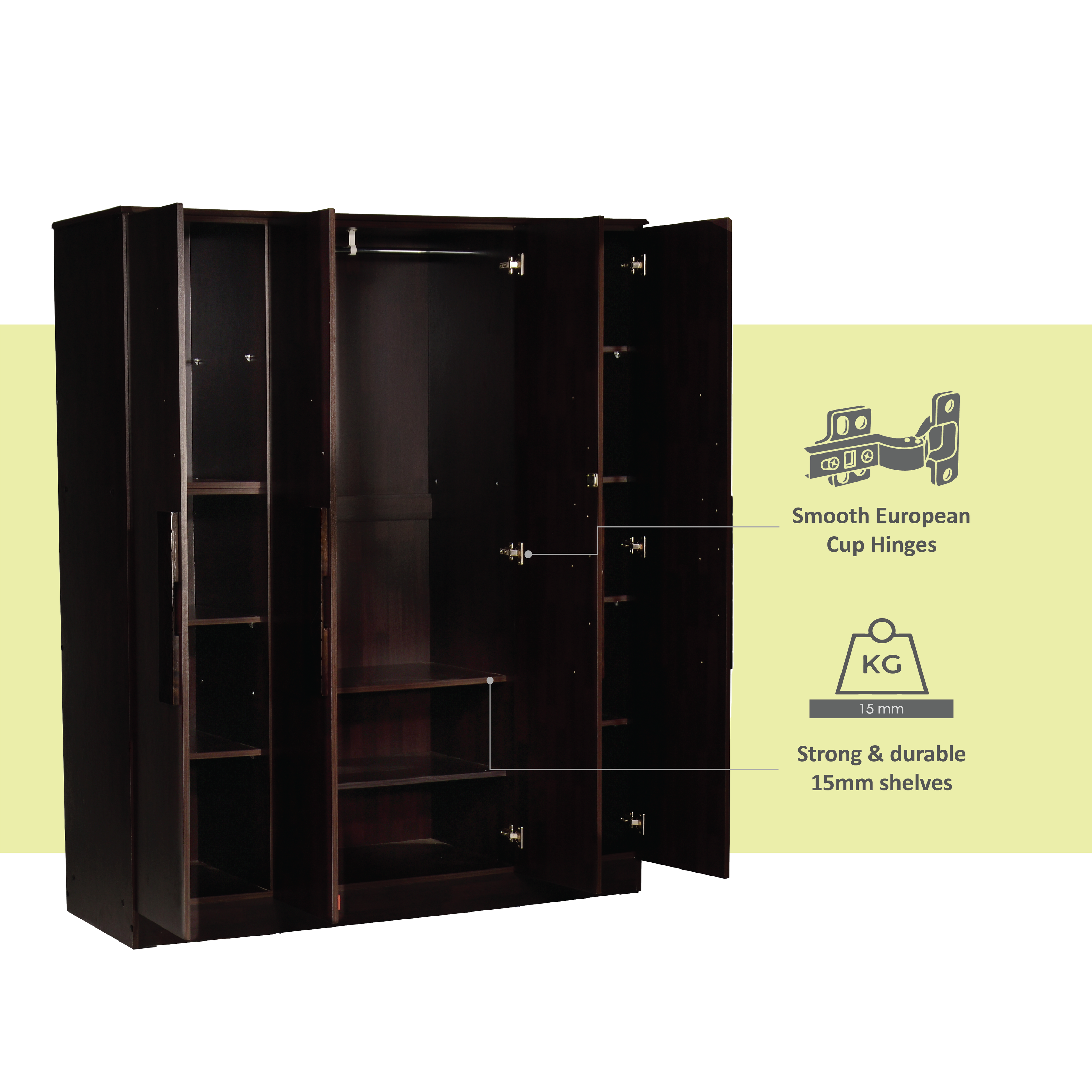 Poena 4-Door Engineered Wood Wardrobe – Spacious Almirah with Hanging Rod & Shelves