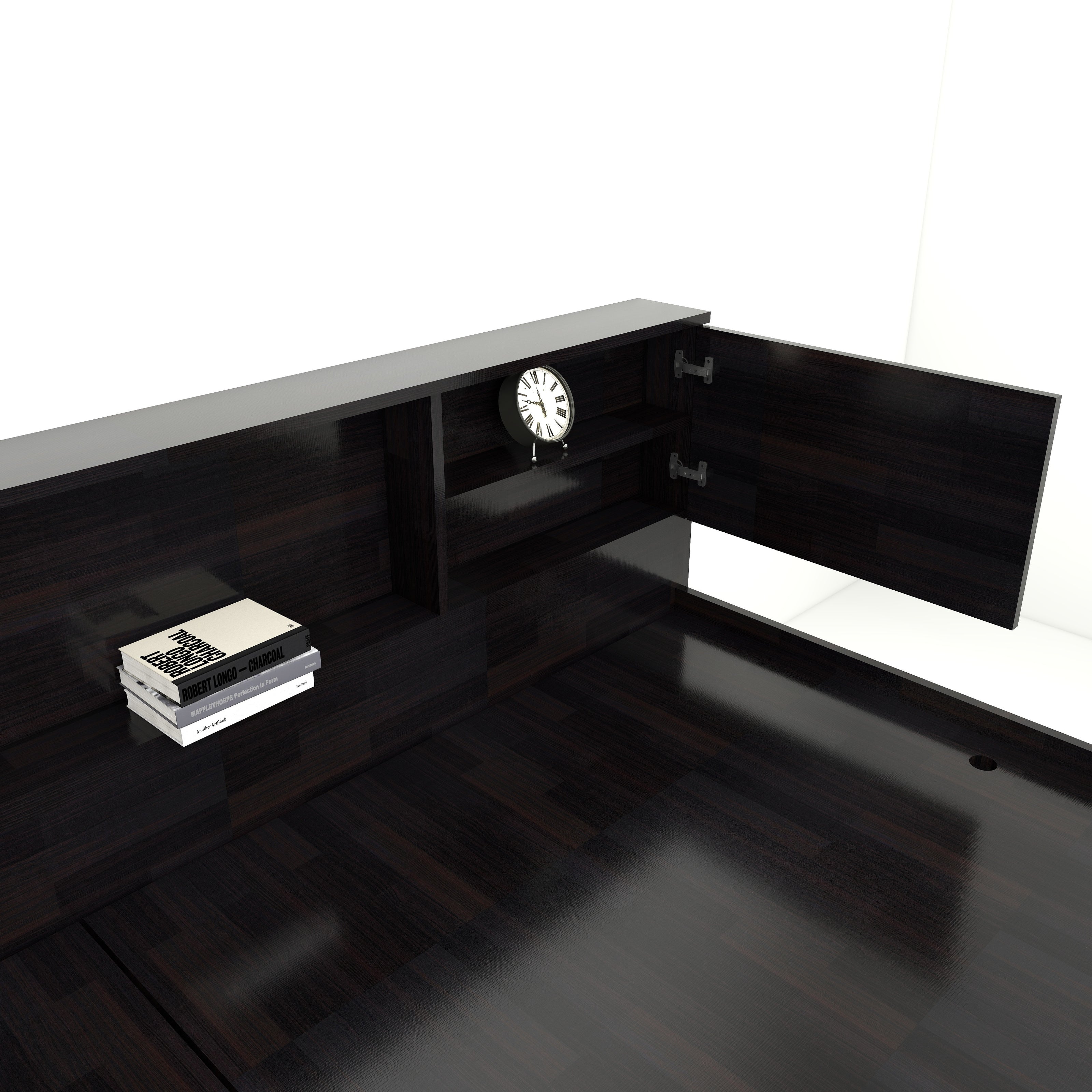 Kumiko Bed with Non-Woven Box Storage – Engineered Wood, Walnut Finish