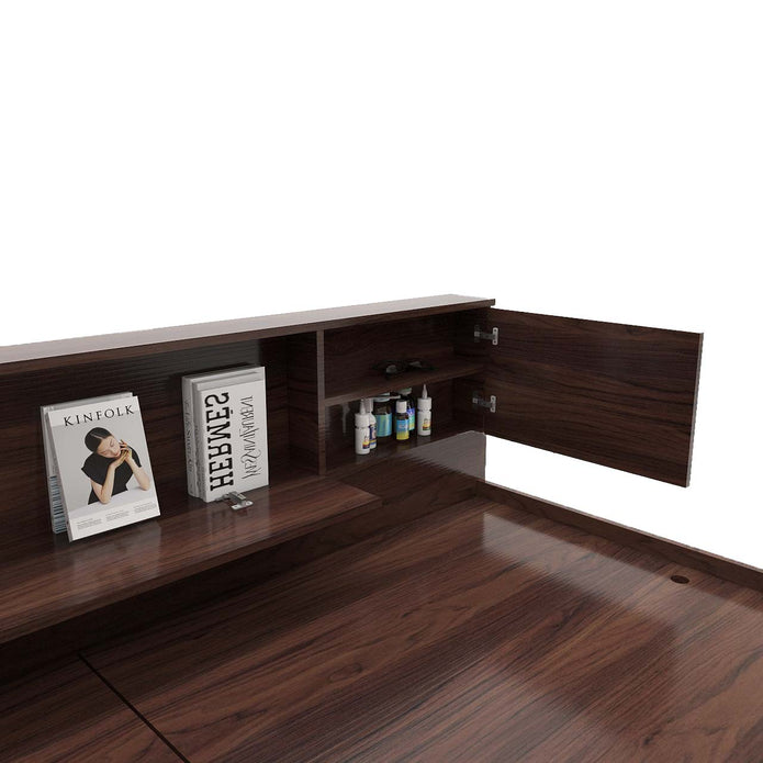Kumiko Bed with Non-Woven Box Storage – Engineered Wood, Walnut Finish