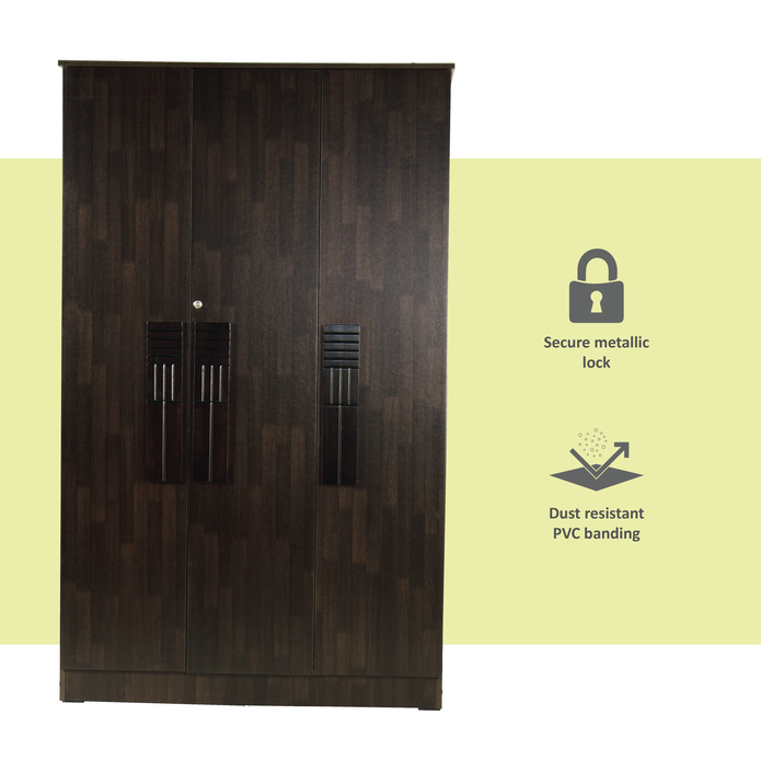 Laso 3-Door Engineered Wood Wardrobe – Modern Almirah with Shelves & Hanging Space