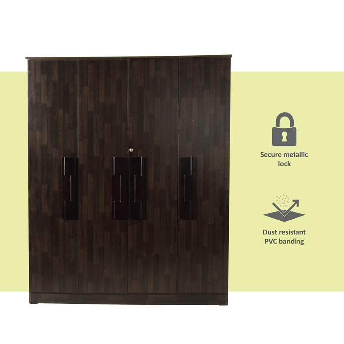 Poena 4-Door Engineered Wood Wardrobe – Spacious Almirah with Hanging Rod & Shelves