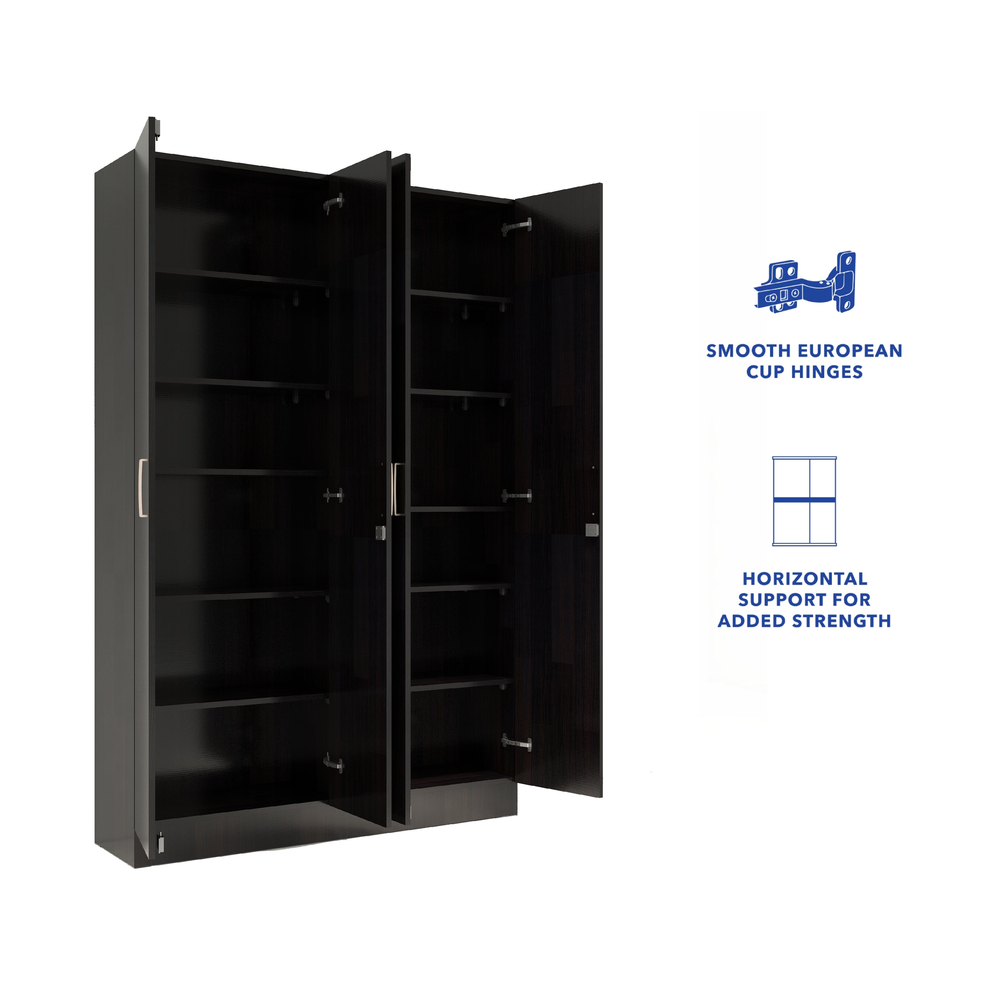 Kenzou 4-Door Engineered Wood Wardrobe – Large Almirah with Hanging Rod & Shelves