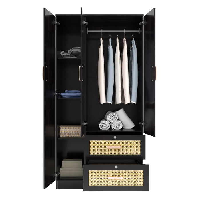 Ren 3-Door Engineered Wood Wardrobe with Rattan Design – Bedroom Almirah