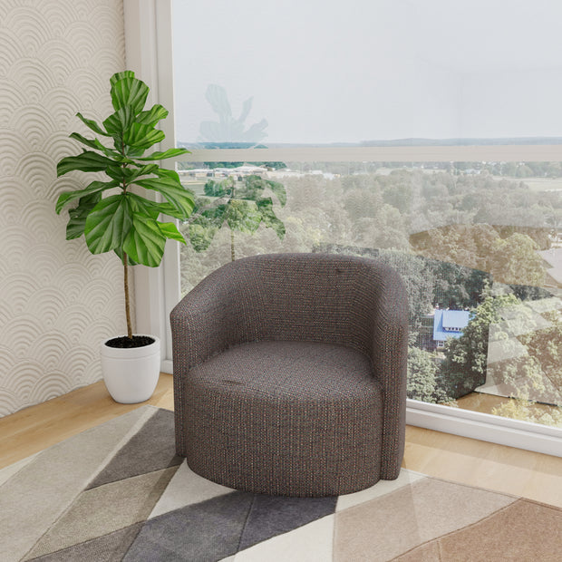 Loma dull-brown upholstered armchair with plush cushions and wooden base