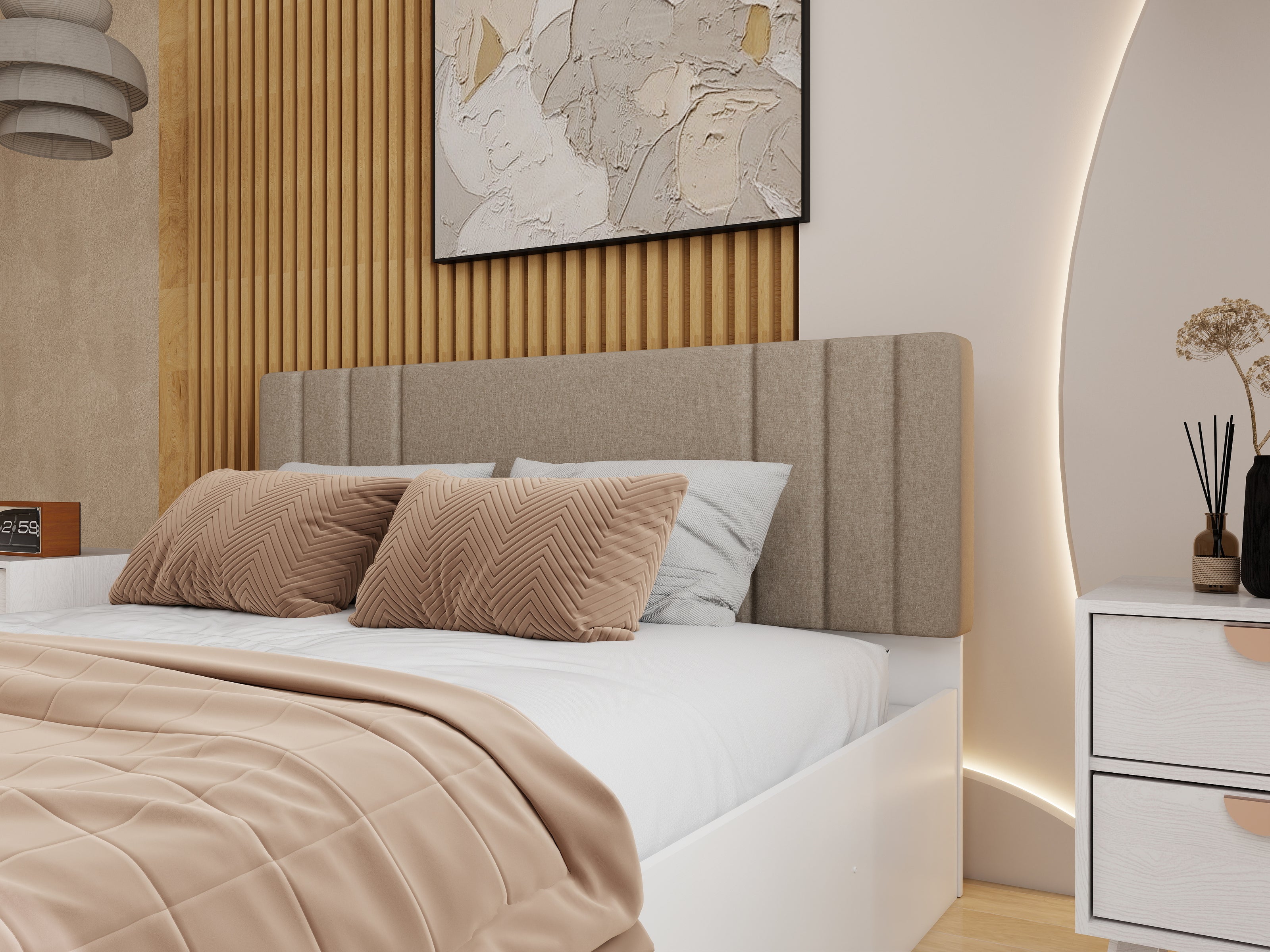 Ananda Queen Bedroom Set – Upholstered Bed & 4-Door Wardrobe (White & Silver Oak)