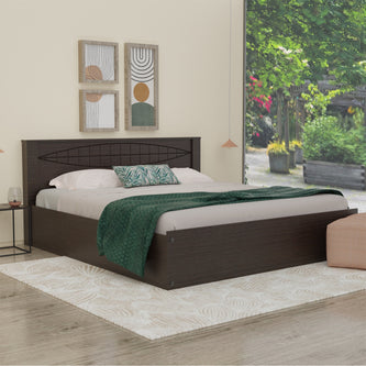 Muses Queen Bed with Solid Wood Headboard and Box Storage – Walnut Finish