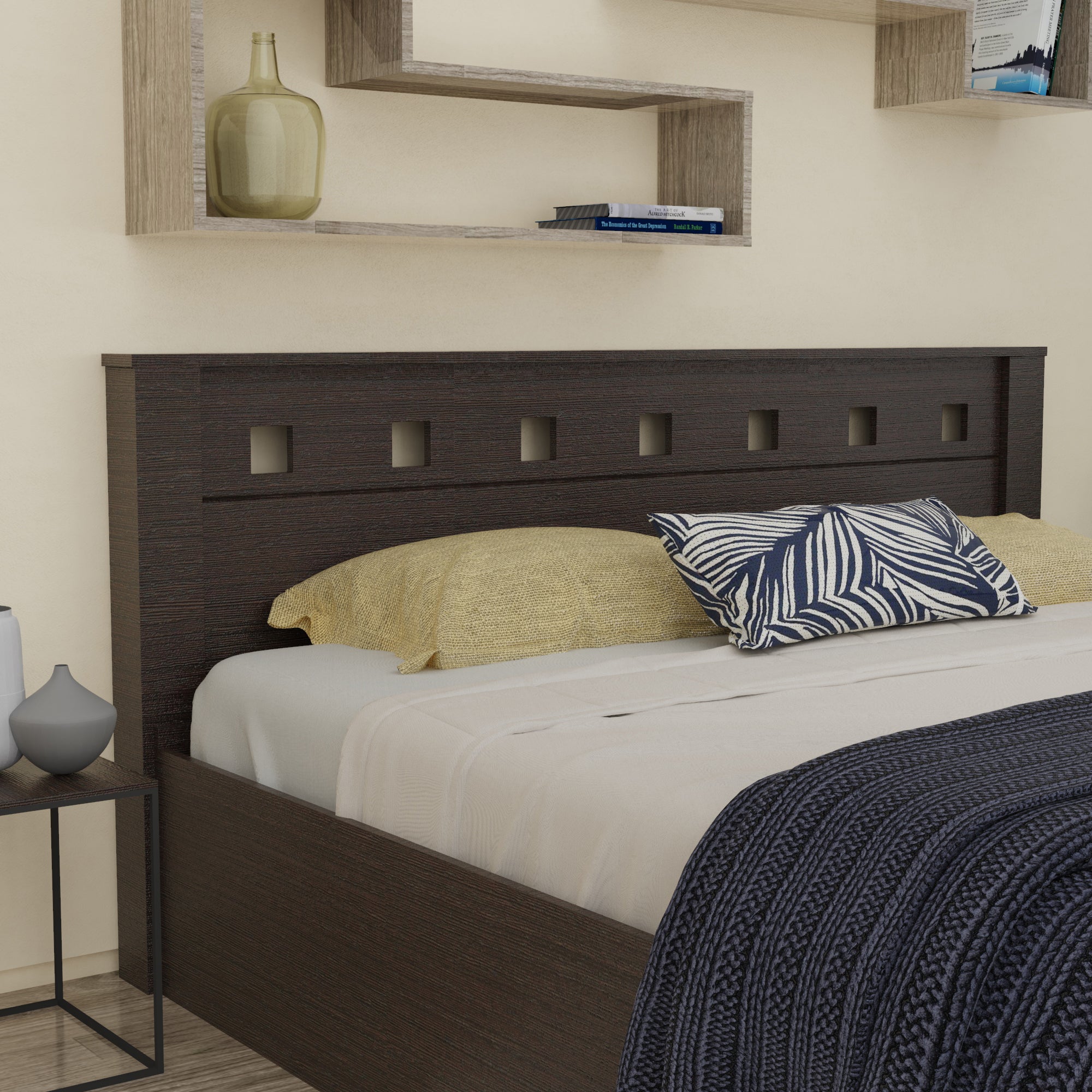 Erinnyes Bed with Solid Wood Headboard & Box Storage – Walnut Finish