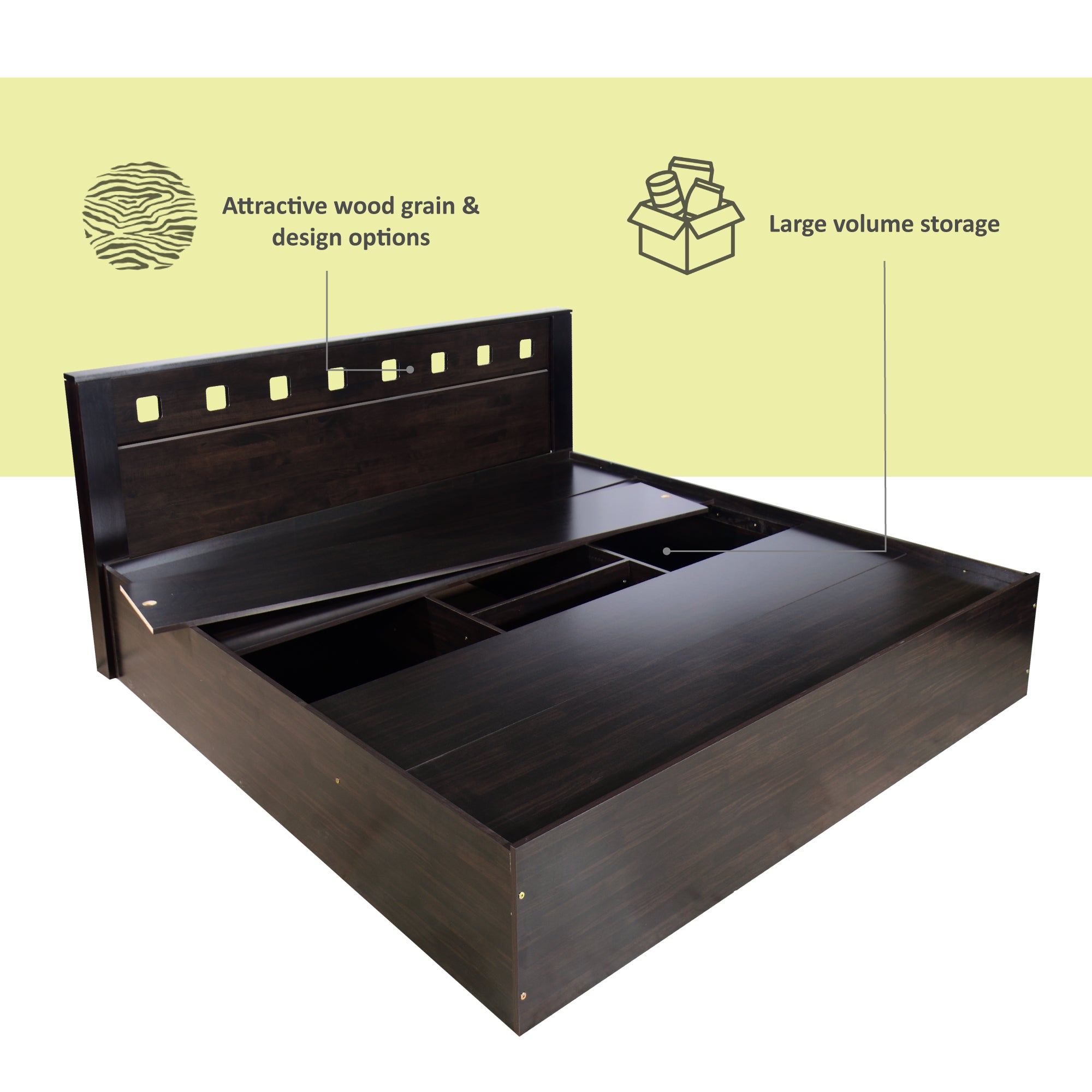 Erinnyes Bed with Solid Wood Headboard & Box Storage – Walnut Finish