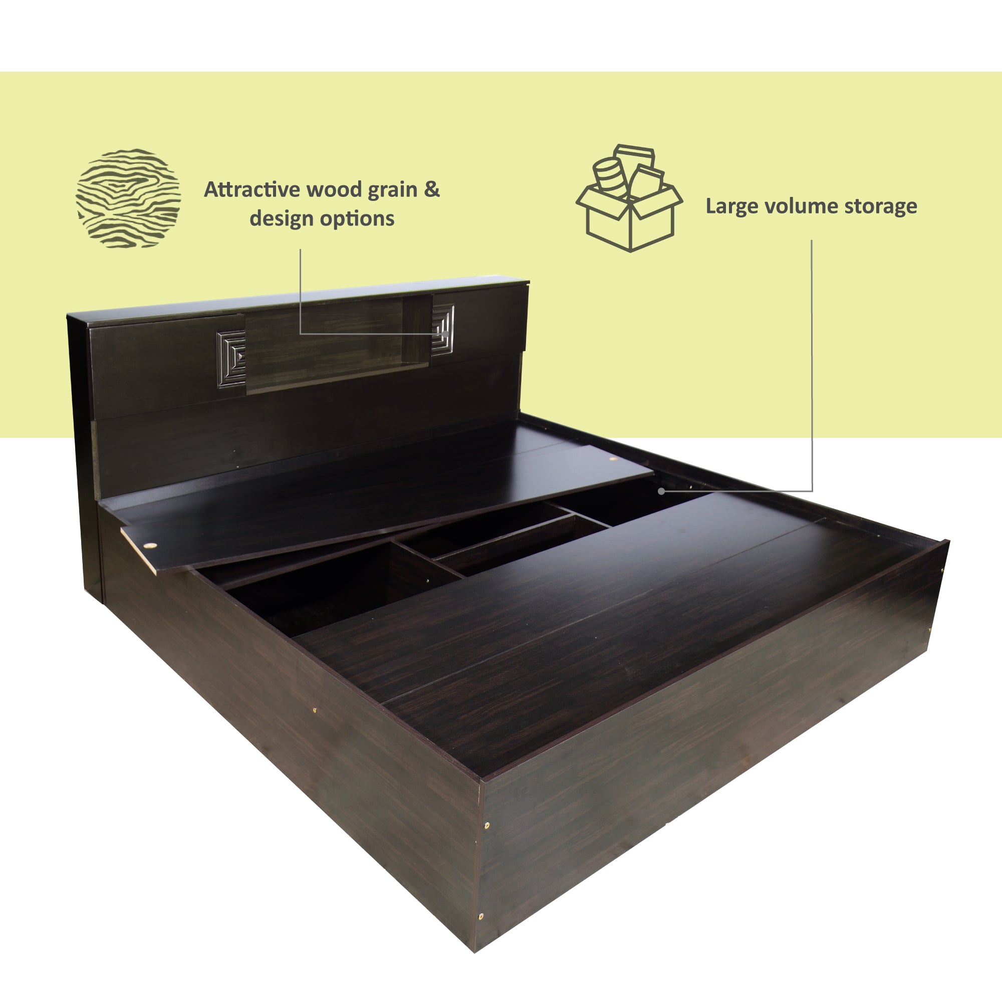 سرير Aidos مع لوح رأس من الخشب الصلب وصندوق تخزين - لمسة نهائية من خشب الجوز