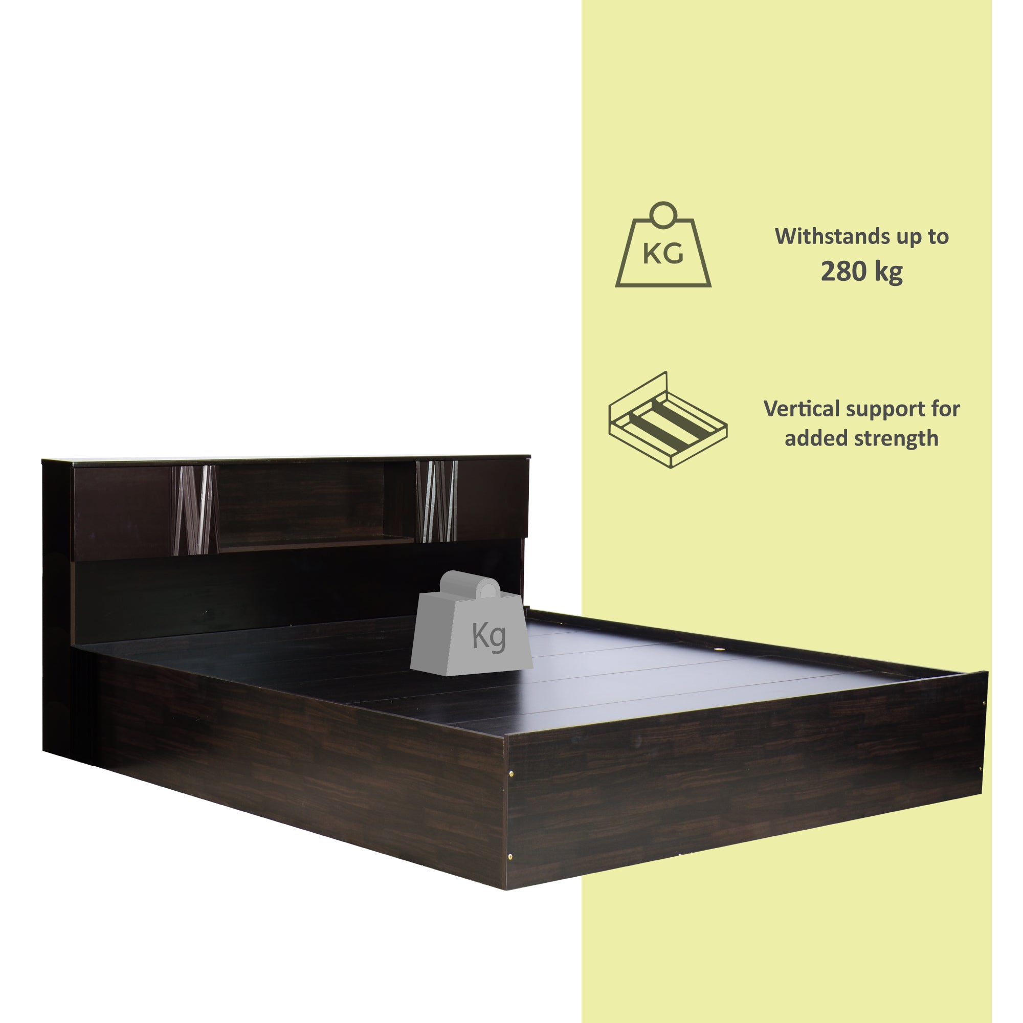 Aceso Bed with Solid Wood Headboard & Box Storage – Walnut Finish