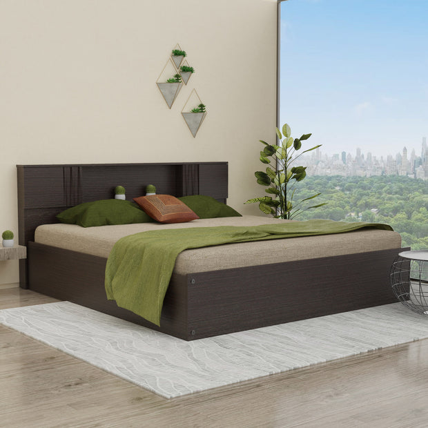 Aceso Queen Bed with Solid Wood Headboard and Box Storage in Walnut Finish
