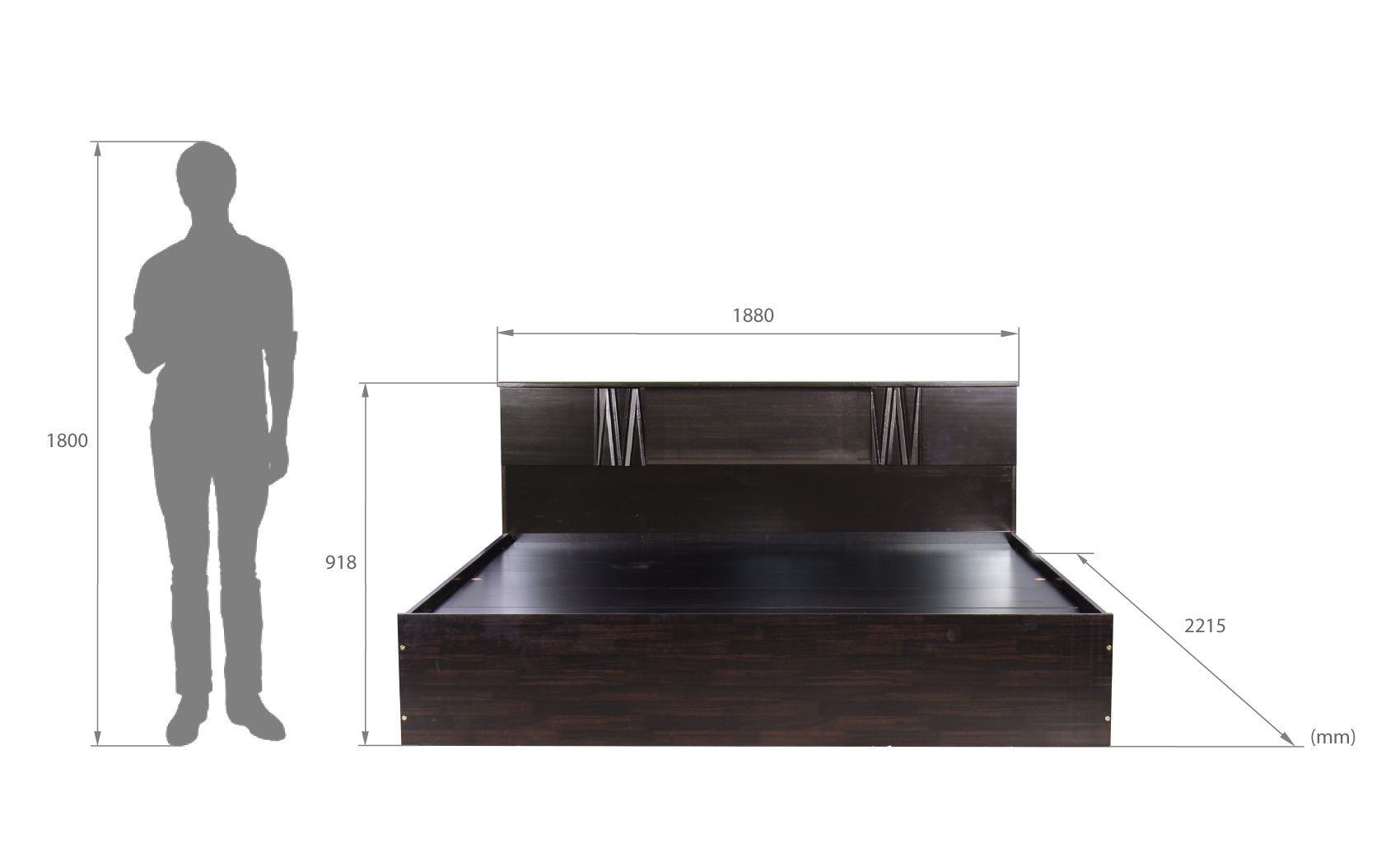 Aceso Bed with Solid Wood Headboard & Box Storage – Walnut Finish