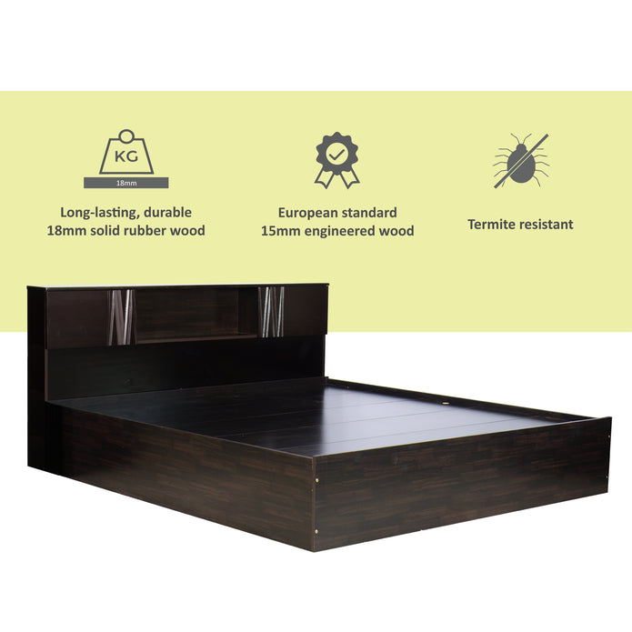 Aceso Bed with Solid Wood Headboard & Box Storage – Walnut Finish