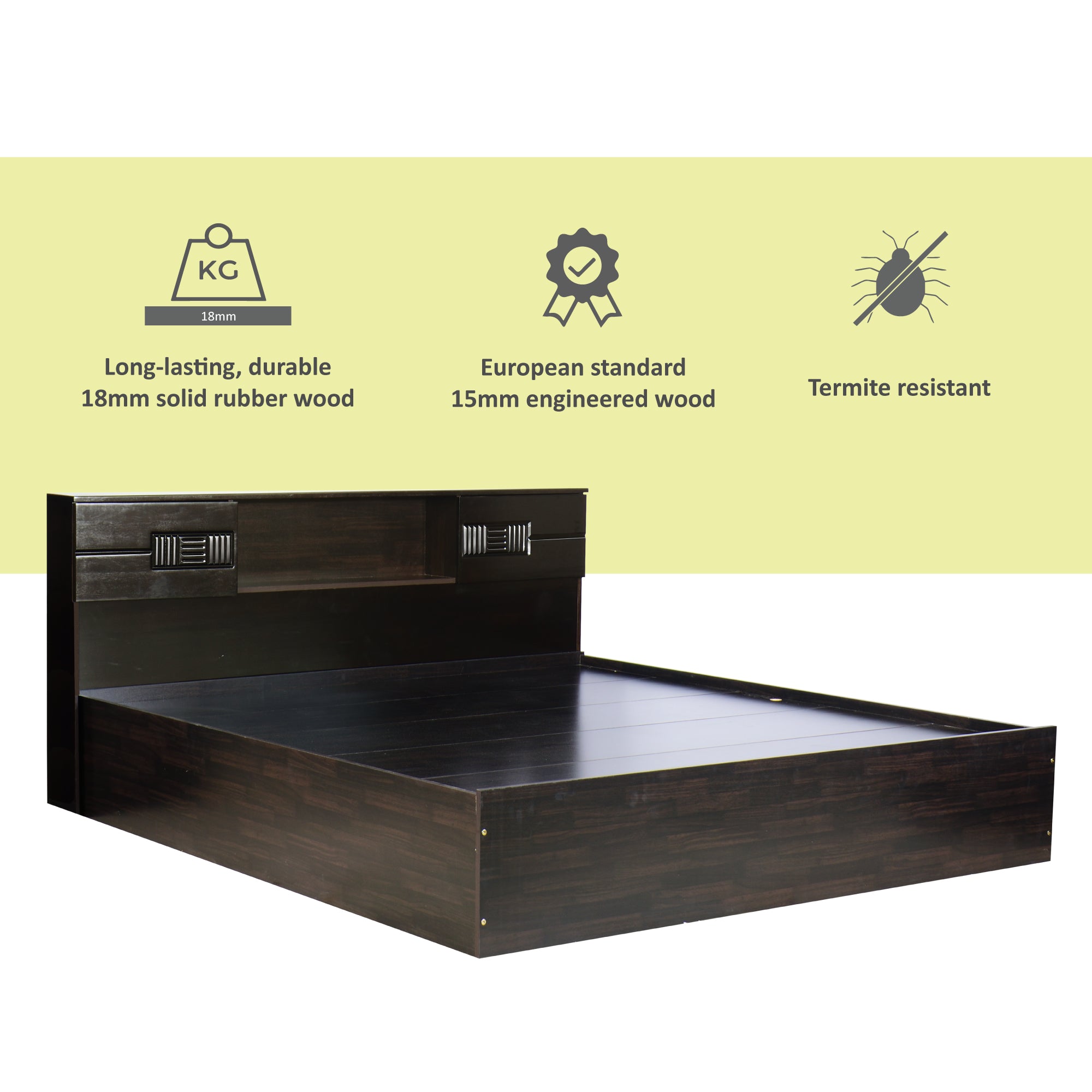 Adikia Bed – Solid Wood Headboard with Box Storage