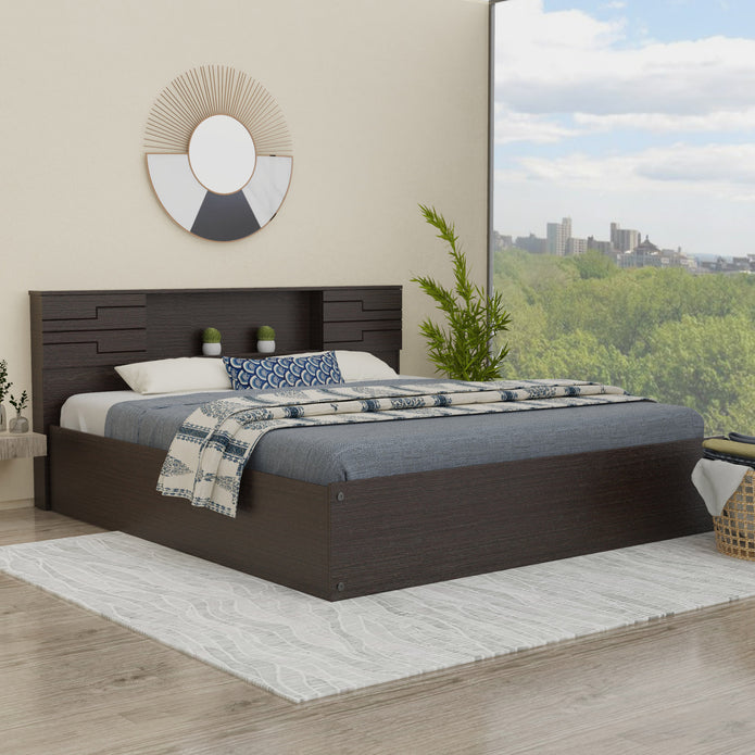 Machai Queen Bed with Solid Wood Headboard and Box Storage in Walnut Finish