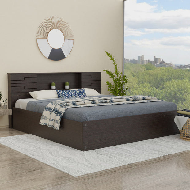 Machai Queen Bed with Solid Wood Headboard and Box Storage in Walnut Finish