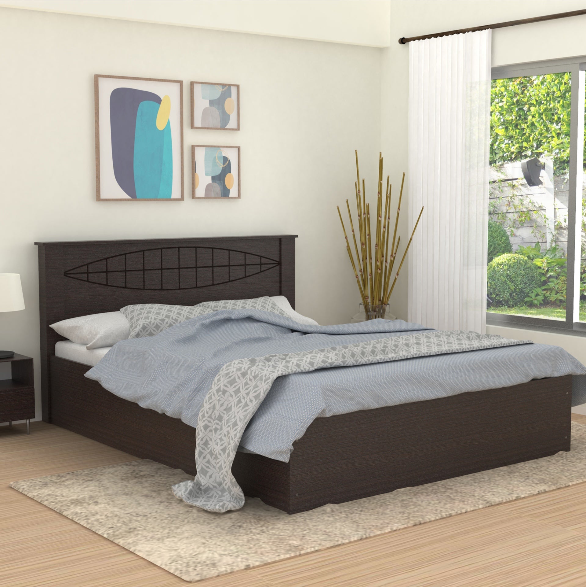 Muses Bed with Solid Wood Headboard & Box Storage – Walnut Finish