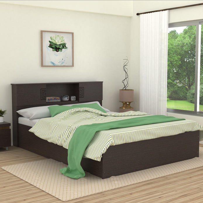 سرير Aidos مع لوح رأس من الخشب الصلب وصندوق تخزين - لمسة نهائية من خشب الجوز