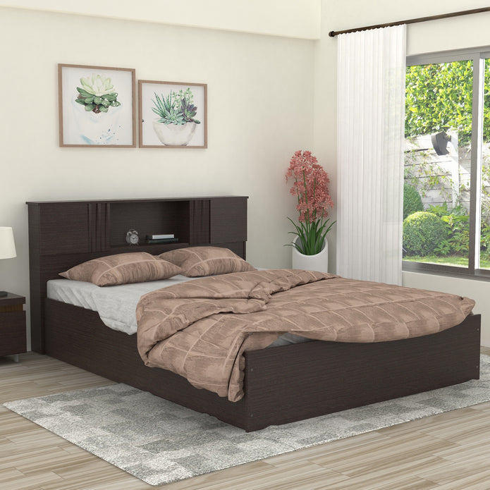 Aceso Bed with Solid Wood Headboard & Box Storage – Walnut Finish