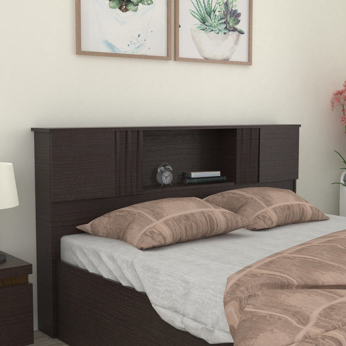 Aceso Bed with Solid Wood Headboard & Box Storage – Walnut Finish