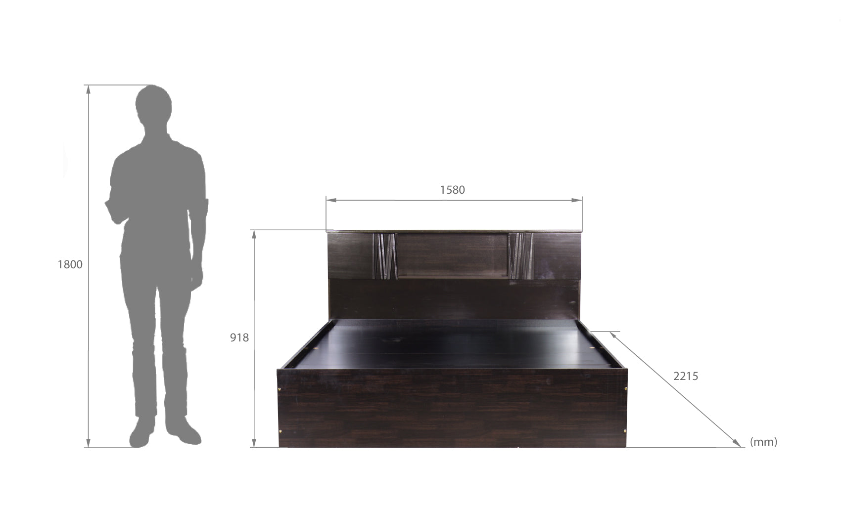 Aceso Bed with Solid Wood Headboard & Box Storage – Walnut Finish