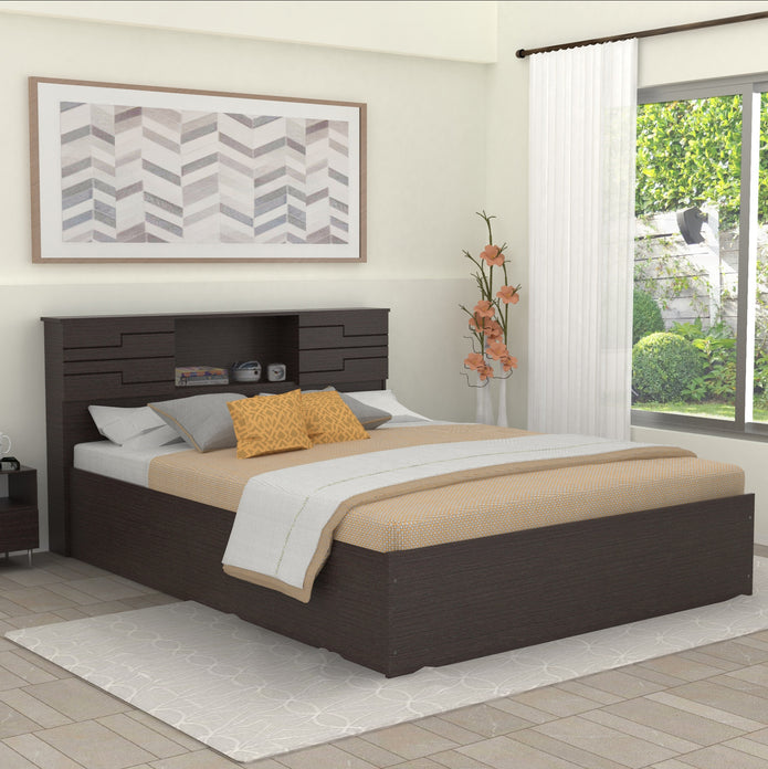 سرير ماشاي مع لوح رأس من الخشب الصلب وصندوق تخزين - لون الجوز