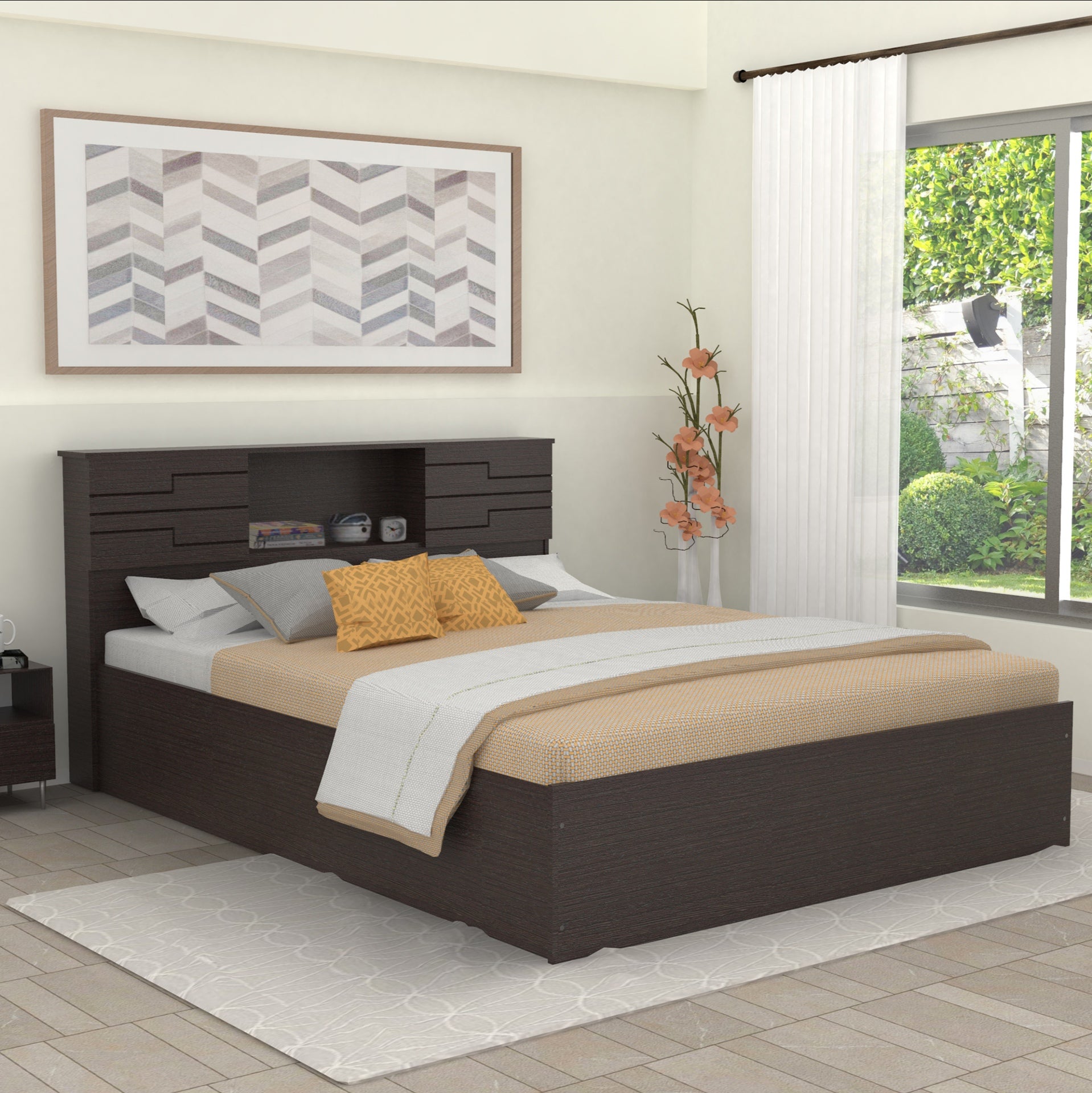 سرير ماشاي مع لوح رأس من الخشب الصلب وصندوق تخزين - لون الجوز