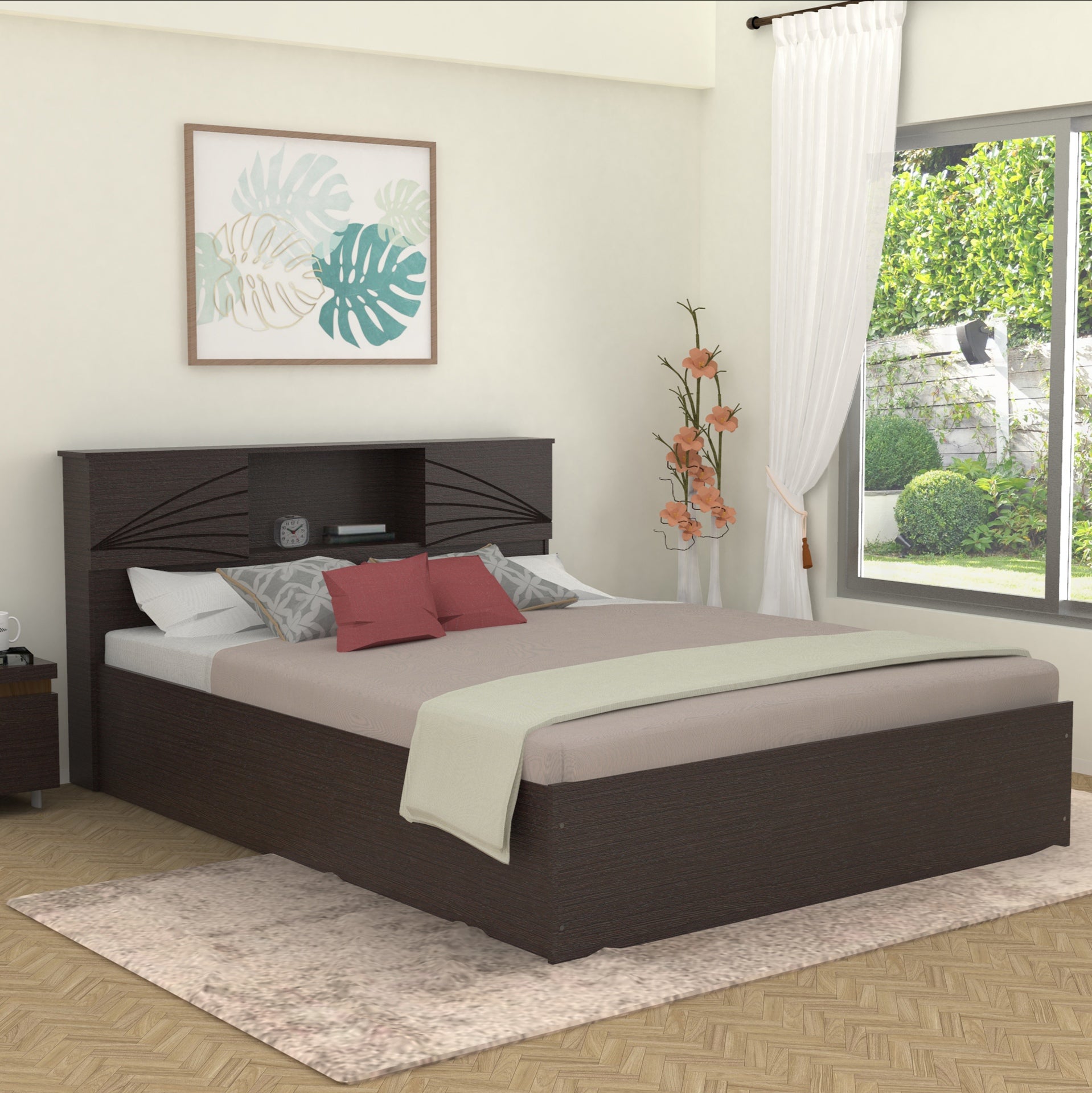 Galene Bed – Solid Wood Headboard with Box Storage