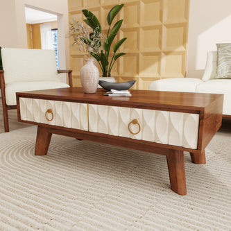 Echo Solidwood Coffee Table in Cream & Walnut with Storage Drawers – Modern Living Room Furniture