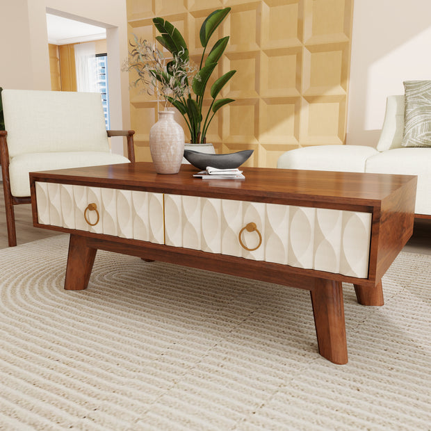 Echo Solidwood Coffee Table in Cream & Walnut with Storage Drawers – Modern Living Room Furniture