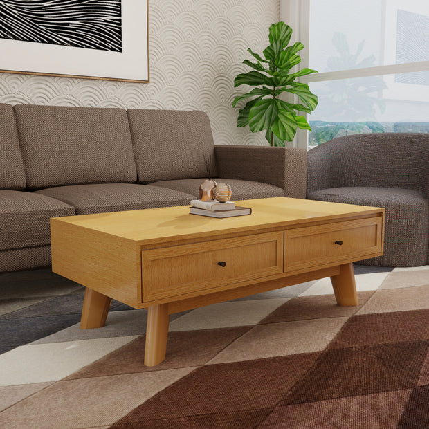 Amara honey-ash solid wood coffee table with tapered legs and hidden drawer