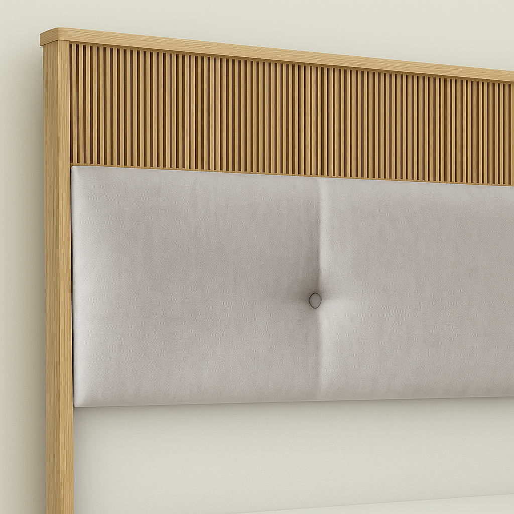 Close-up of Volare bed headboard featuring premium fabric and elegant wood accent in a minimalist design.