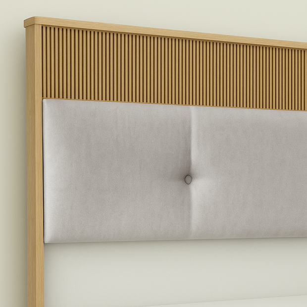Close-up of Volare bed headboard featuring premium fabric and elegant wood accent in a minimalist design.