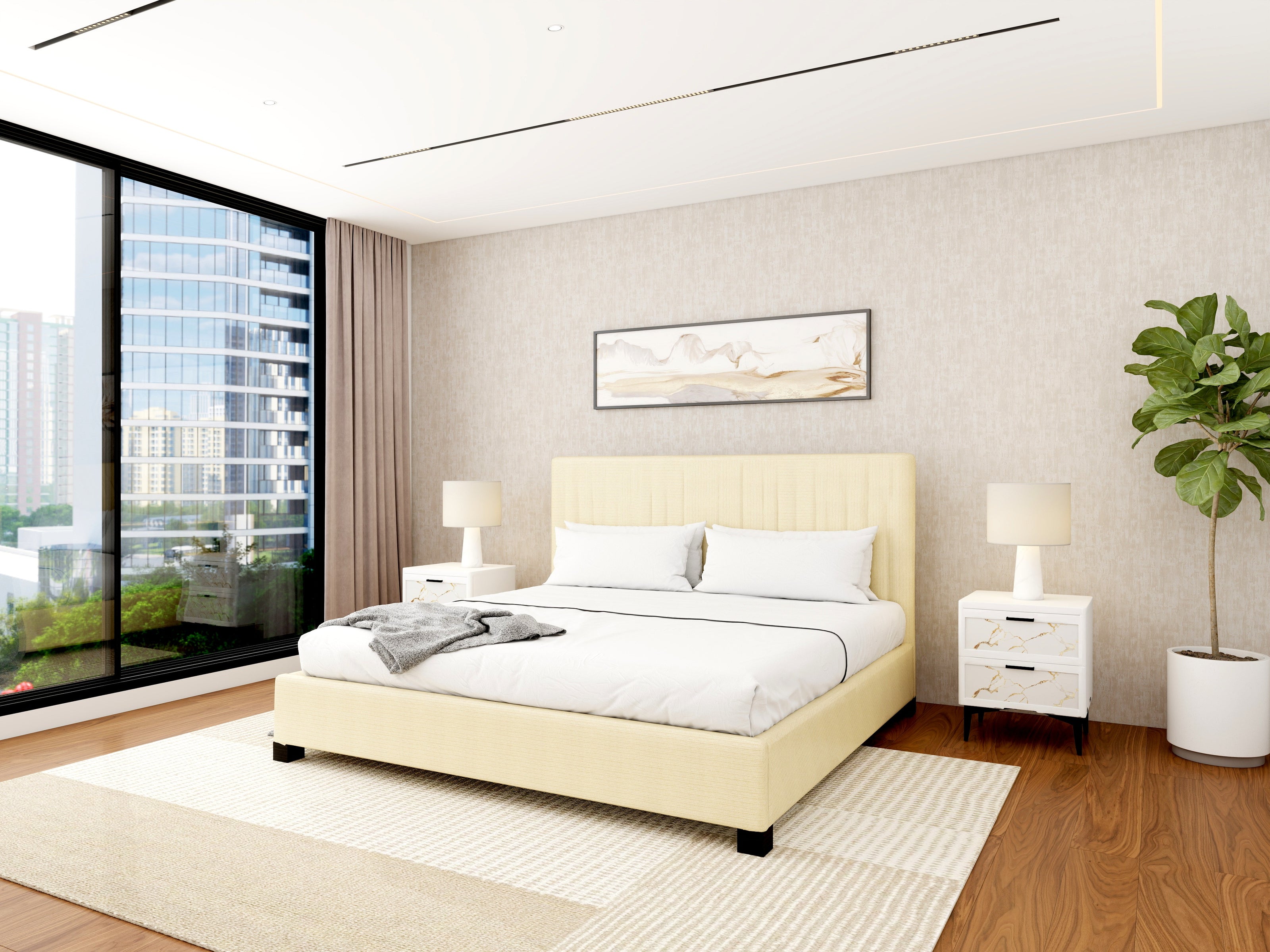 Bastion upholstered bed in beige, King size, padded headboard and slatted base