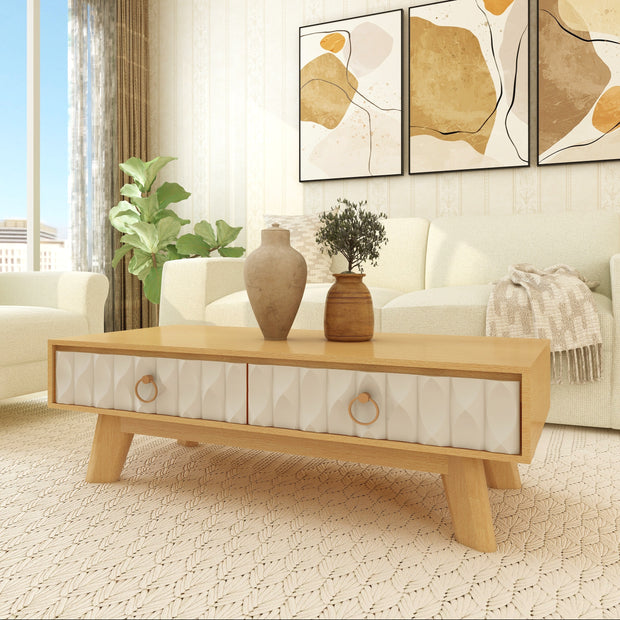 Echo Solidwood Coffee Table - Cream & Walnut Modern Center Table with Storage